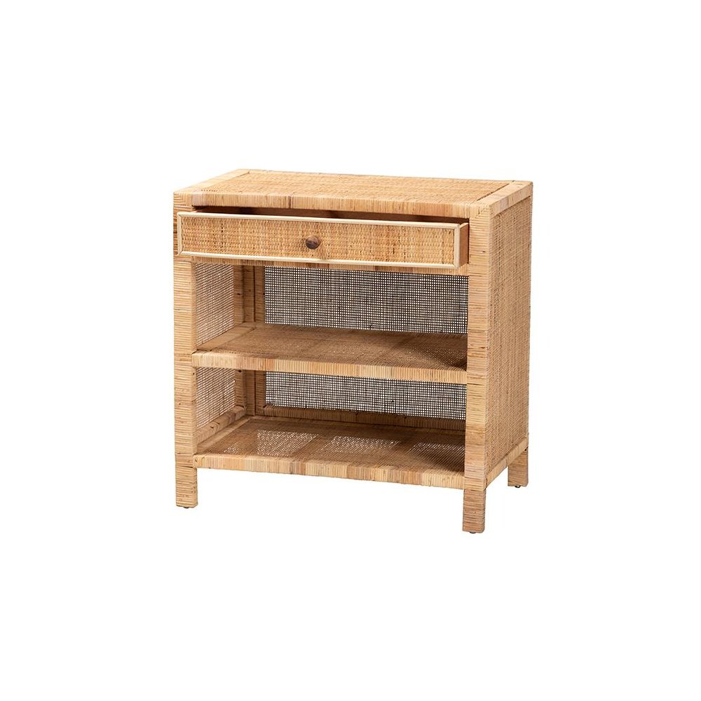 Bohemian Natural Brown Mahogany Wood and Natural Rattan 1-Drawer Console Table. Picture 2