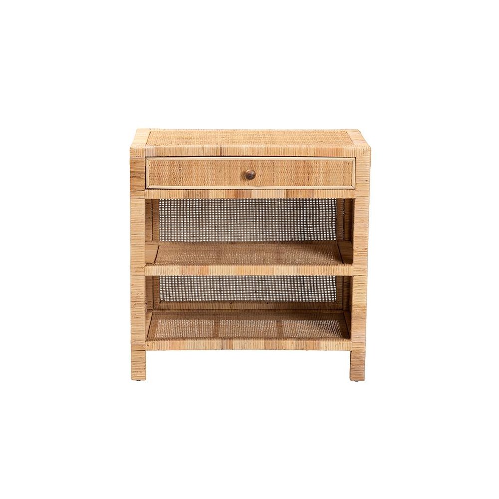 Bohemian Natural Brown Mahogany Wood and Natural Rattan 1-Drawer Console Table. Picture 3