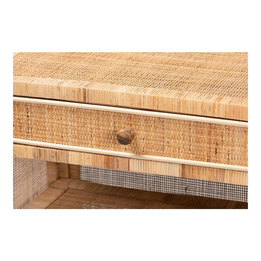 Bohemian Natural Brown Mahogany Wood and Natural Rattan 1-Drawer Console Table. Picture 6