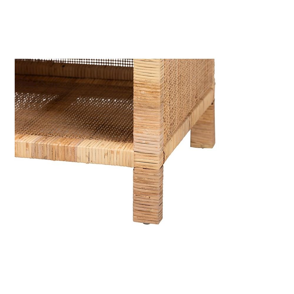 Bohemian Natural Brown Mahogany Wood and Natural Rattan 1-Drawer Console Table. Picture 7