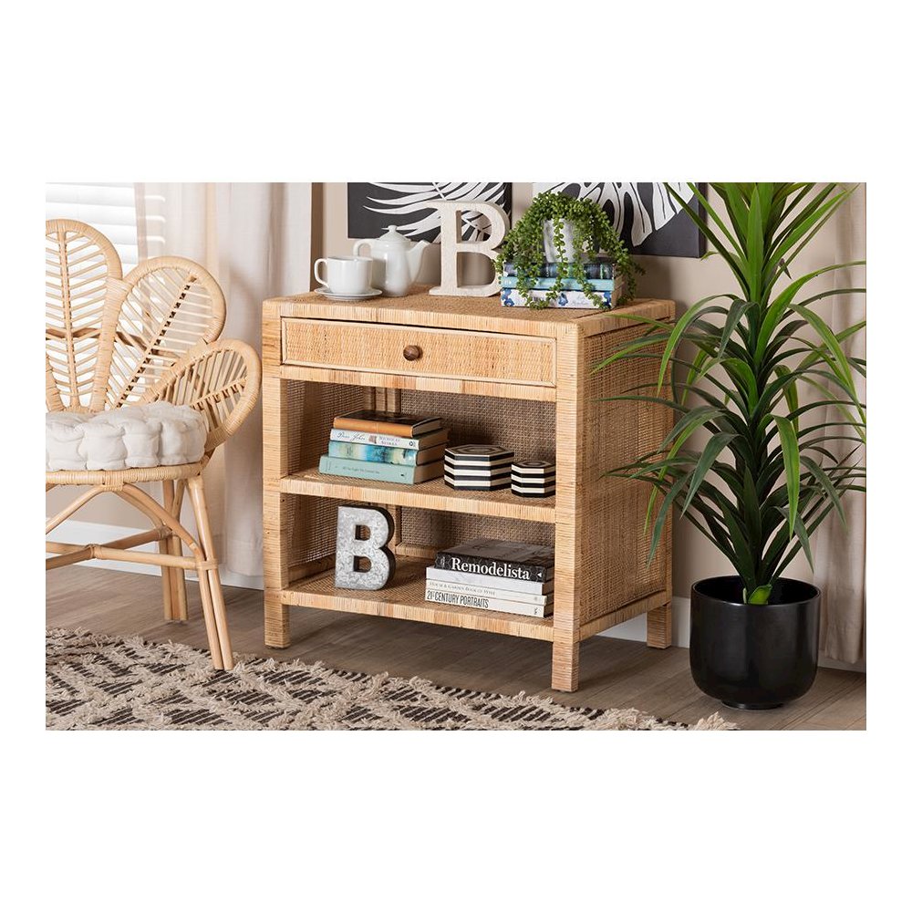 Bohemian Natural Brown Mahogany Wood and Natural Rattan 1-Drawer Console Table. Picture 9