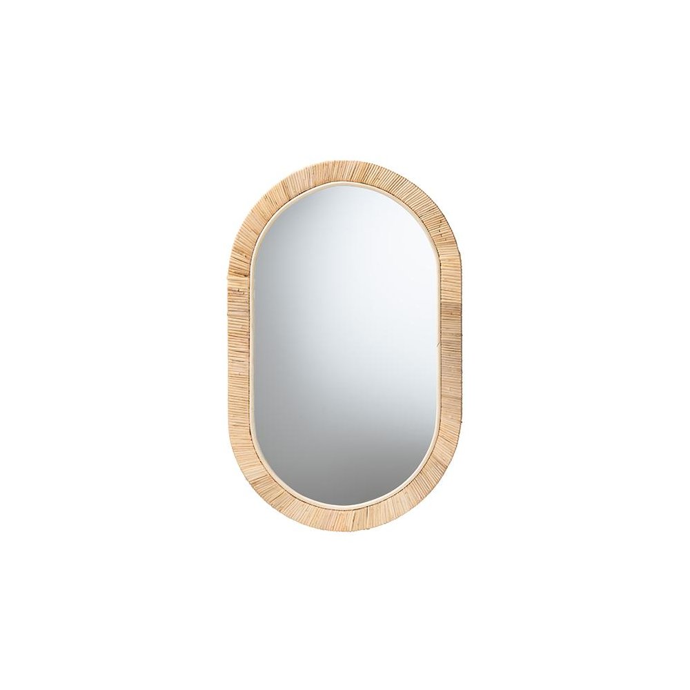 Modern Bohemian Natural Brown Mahogany Wood and Natural Rattan Oval Mirror. Picture 1