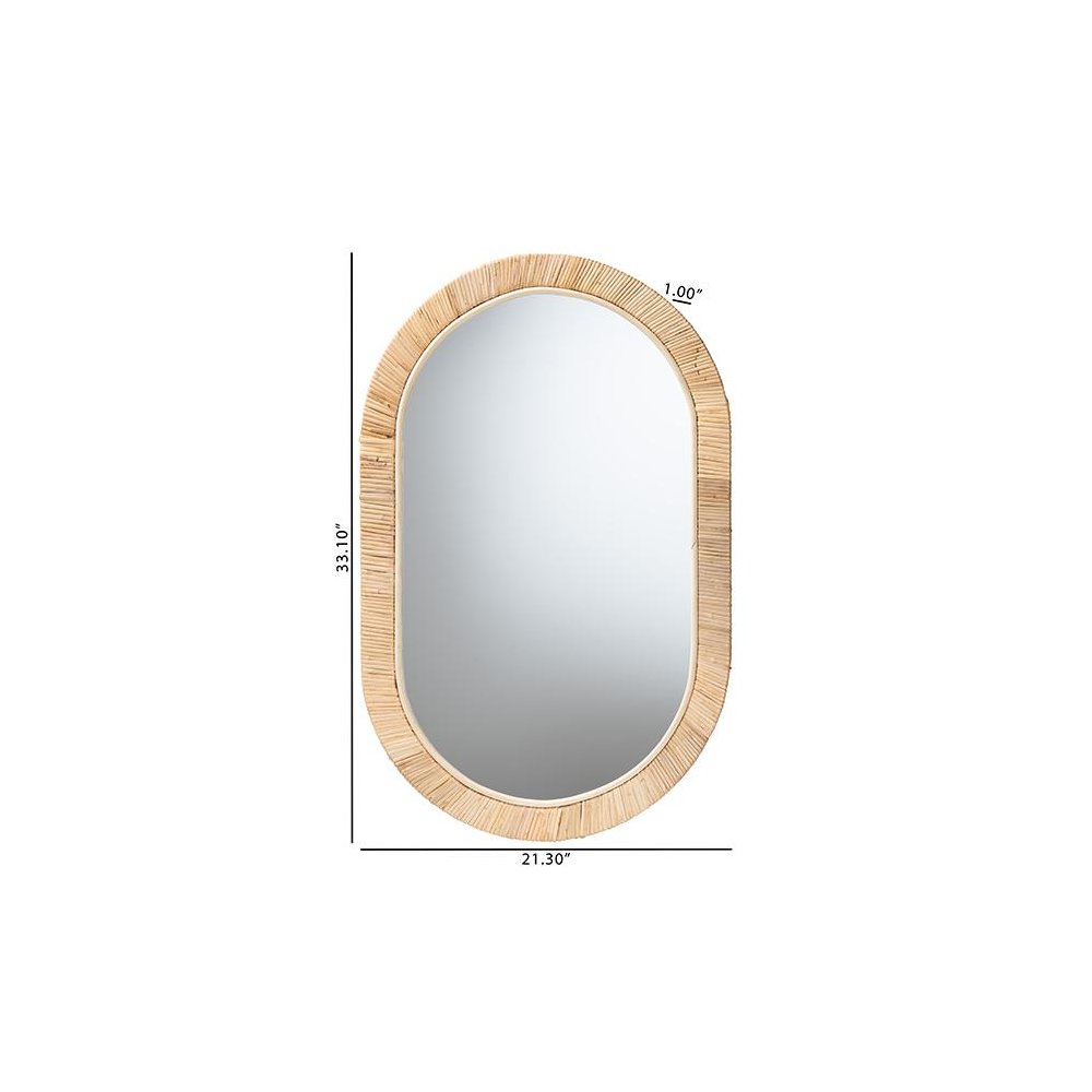 Modern Bohemian Natural Brown Mahogany Wood and Natural Rattan Oval Mirror. Picture 4