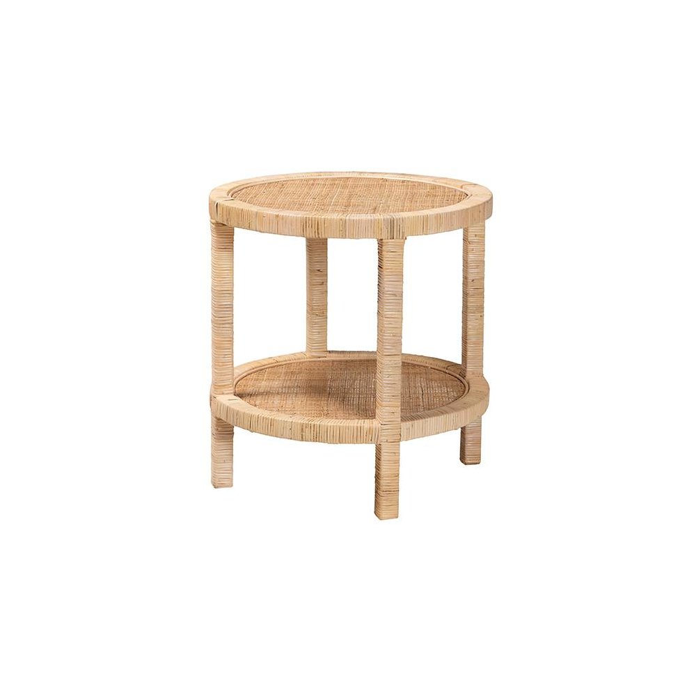 Bohemian Natural Brown Mahogany Wood and Natural Rattan 2-Tier End Table. Picture 1