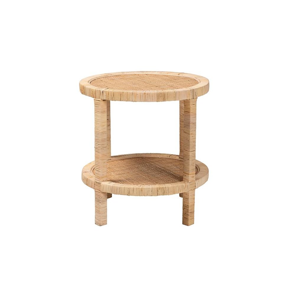 Bohemian Natural Brown Mahogany Wood and Natural Rattan 2-Tier End Table. Picture 2