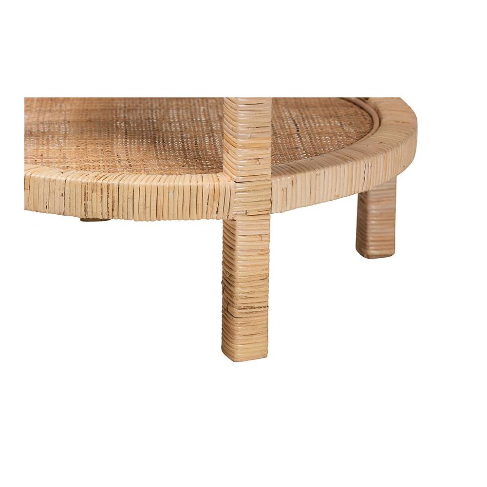 Bohemian Natural Brown Mahogany Wood and Natural Rattan 2-Tier End Table. Picture 3