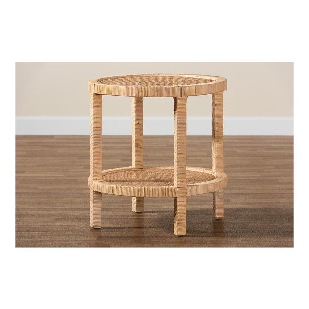 Bohemian Natural Brown Mahogany Wood and Natural Rattan 2-Tier End Table. Picture 7