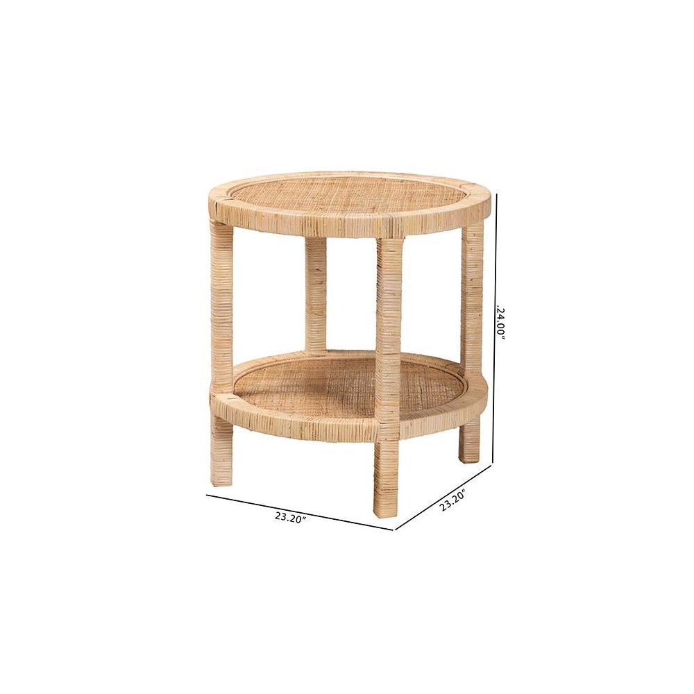 Bohemian Natural Brown Mahogany Wood and Natural Rattan 2-Tier End Table. Picture 8