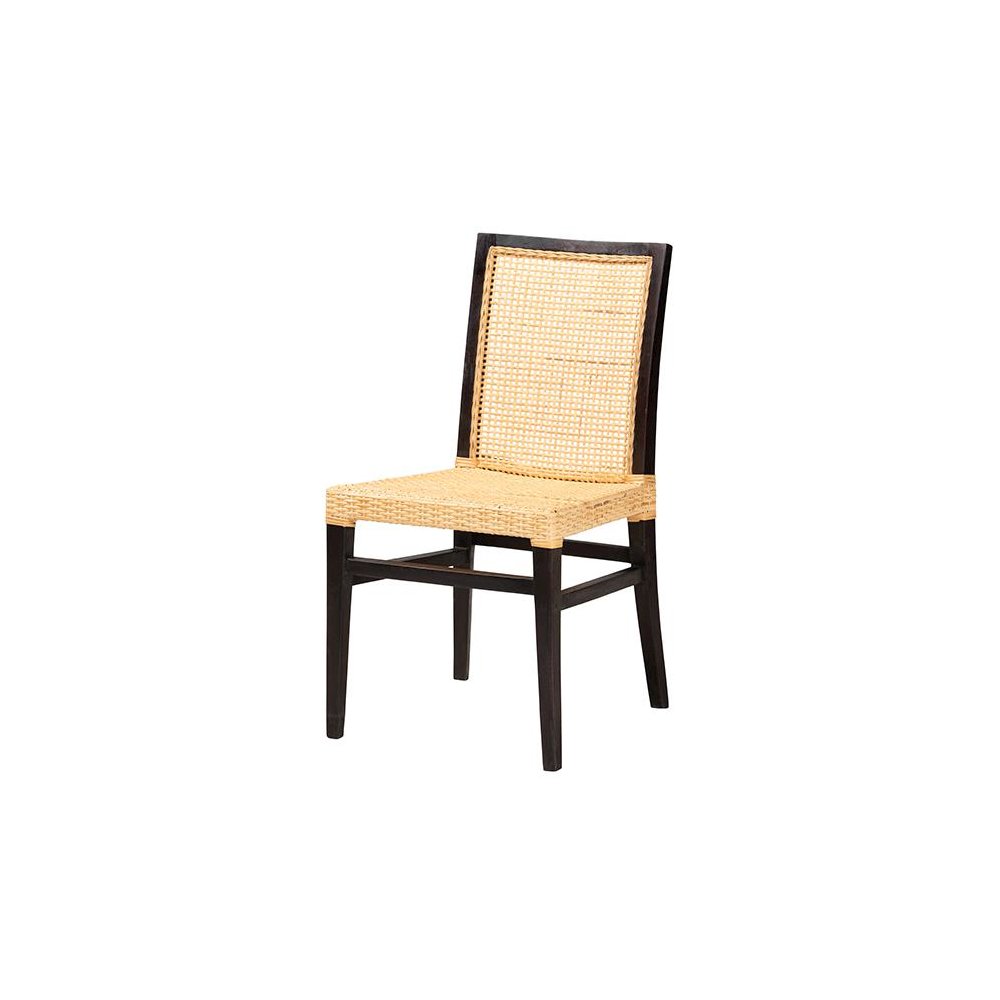 Bohemian Dark Brown Mahogany Wood and Natural Rattan Dining Chair. Picture 1