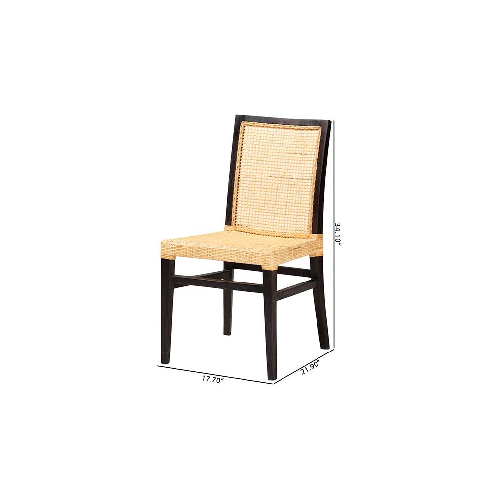 Bohemian Dark Brown Mahogany Wood and Natural Rattan Dining Chair. Picture 10