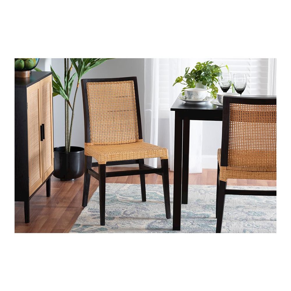 Bohemian Dark Brown Mahogany Wood and Natural Rattan Dining Chair. Picture 8