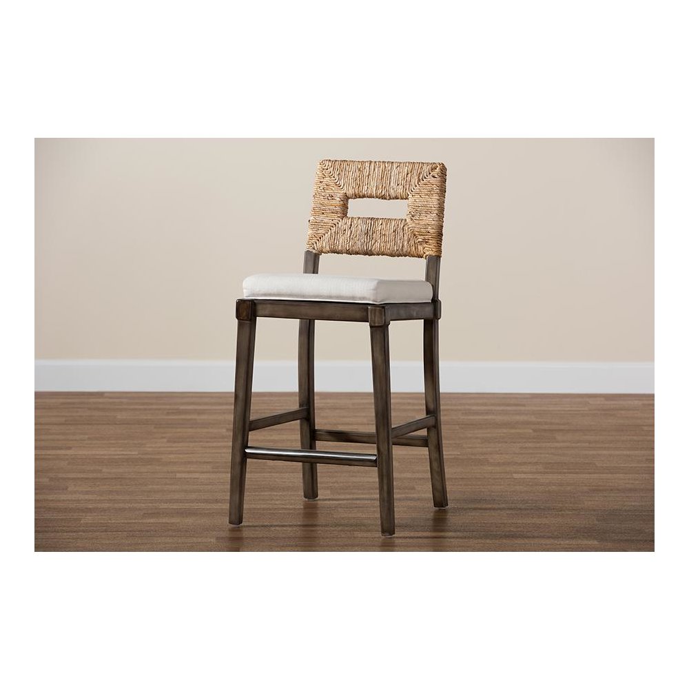 Bohemian Dark Brown Finished Mahogany Wood and Natural Rattan Counter Stool. Picture 9