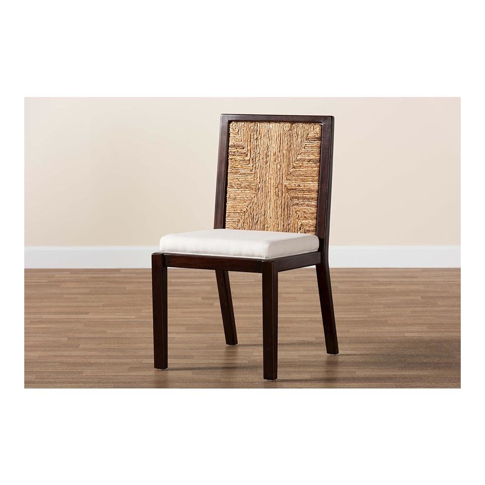 Bohemian Dark Brown Mahogany Wood and Natural Seagrass Dining Side Chair. Picture 9