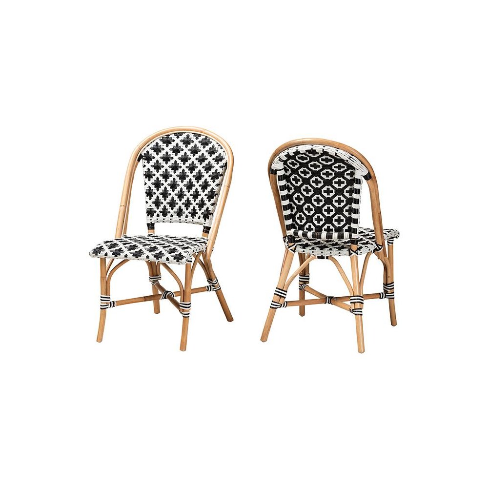 French Black and White Weaving Natural Rattan 2-Piece Bistro Chair Set. Picture 1