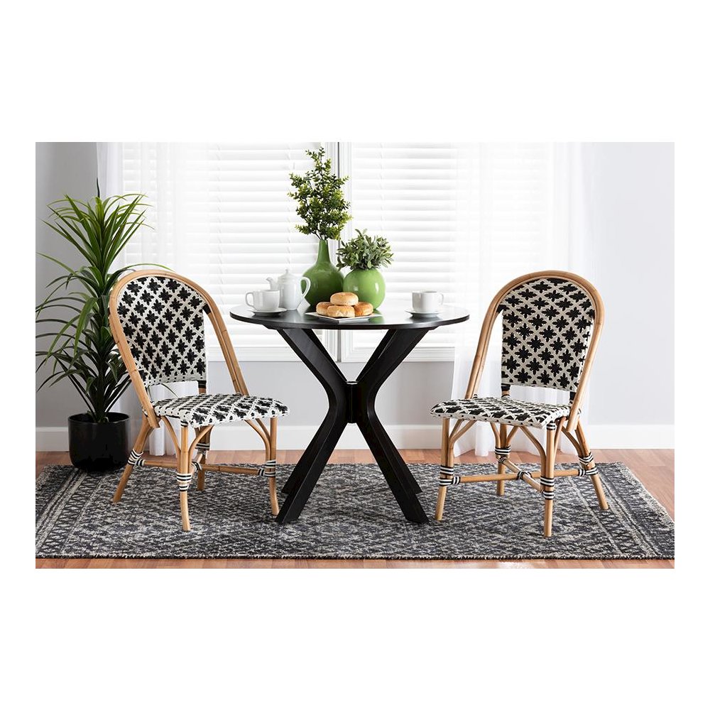 French Black and White Weaving Natural Rattan 2-Piece Bistro Chair Set. Picture 7