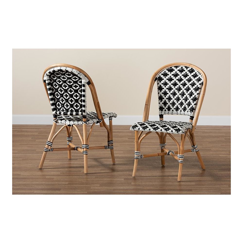 French Black and White Weaving Natural Rattan 2-Piece Bistro Chair Set. Picture 8