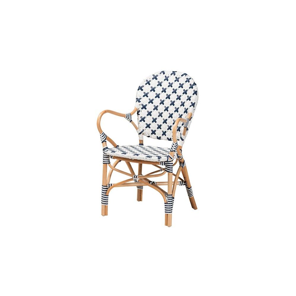French Blue and White Weaving and Natural Rattan Bistro Chair. Picture 1