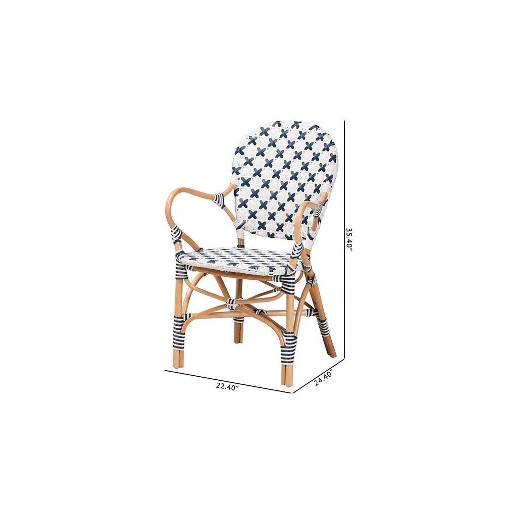 French Blue and White Weaving and Natural Rattan Bistro Chair. Picture 10