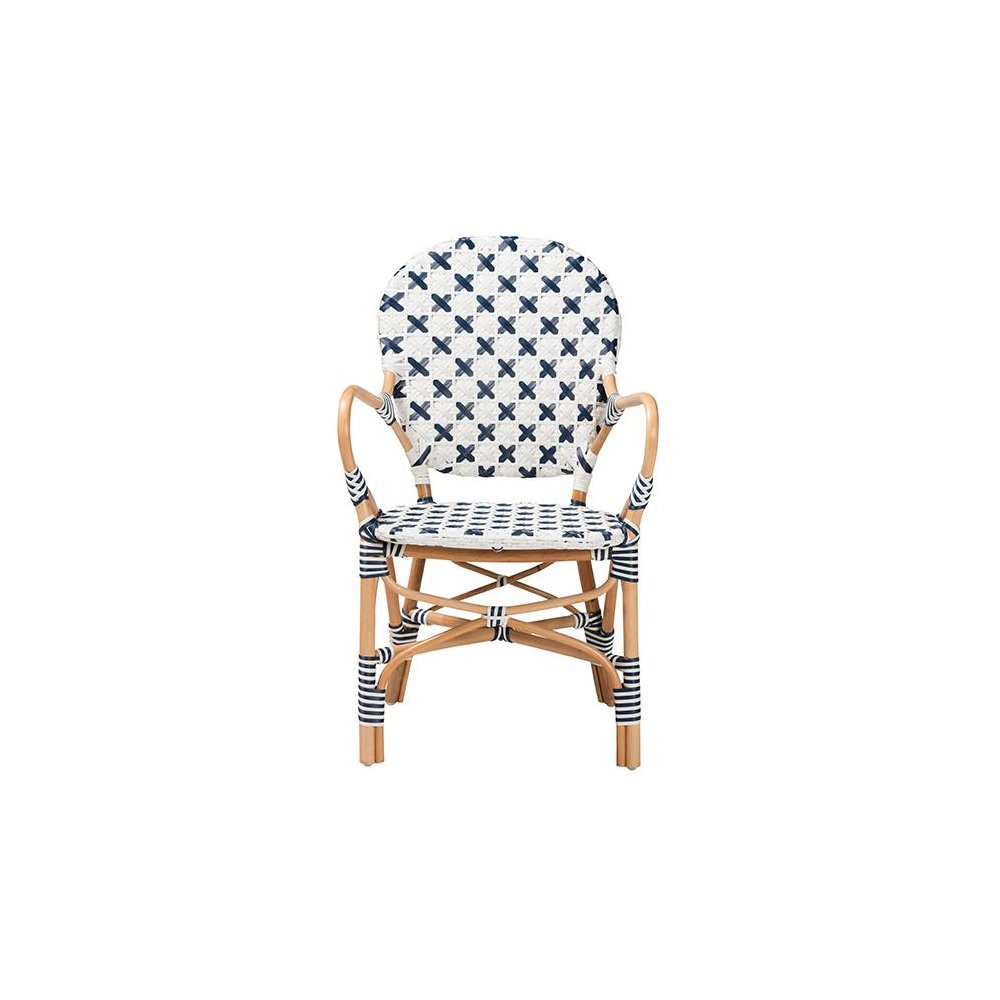 French Blue and White Weaving and Natural Rattan Bistro Chair. Picture 2