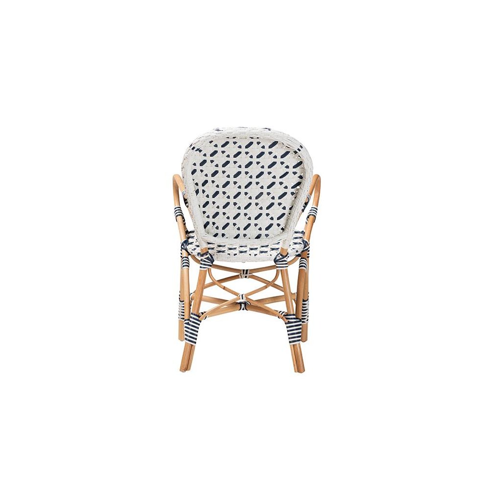 French Blue and White Weaving and Natural Rattan Bistro Chair. Picture 4