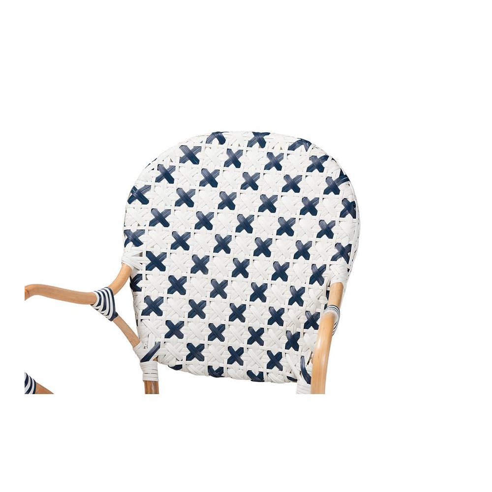 French Blue and White Weaving and Natural Rattan Bistro Chair. Picture 5