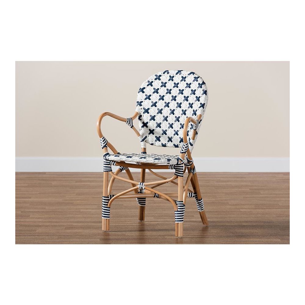 French Blue and White Weaving and Natural Rattan Bistro Chair. Picture 9