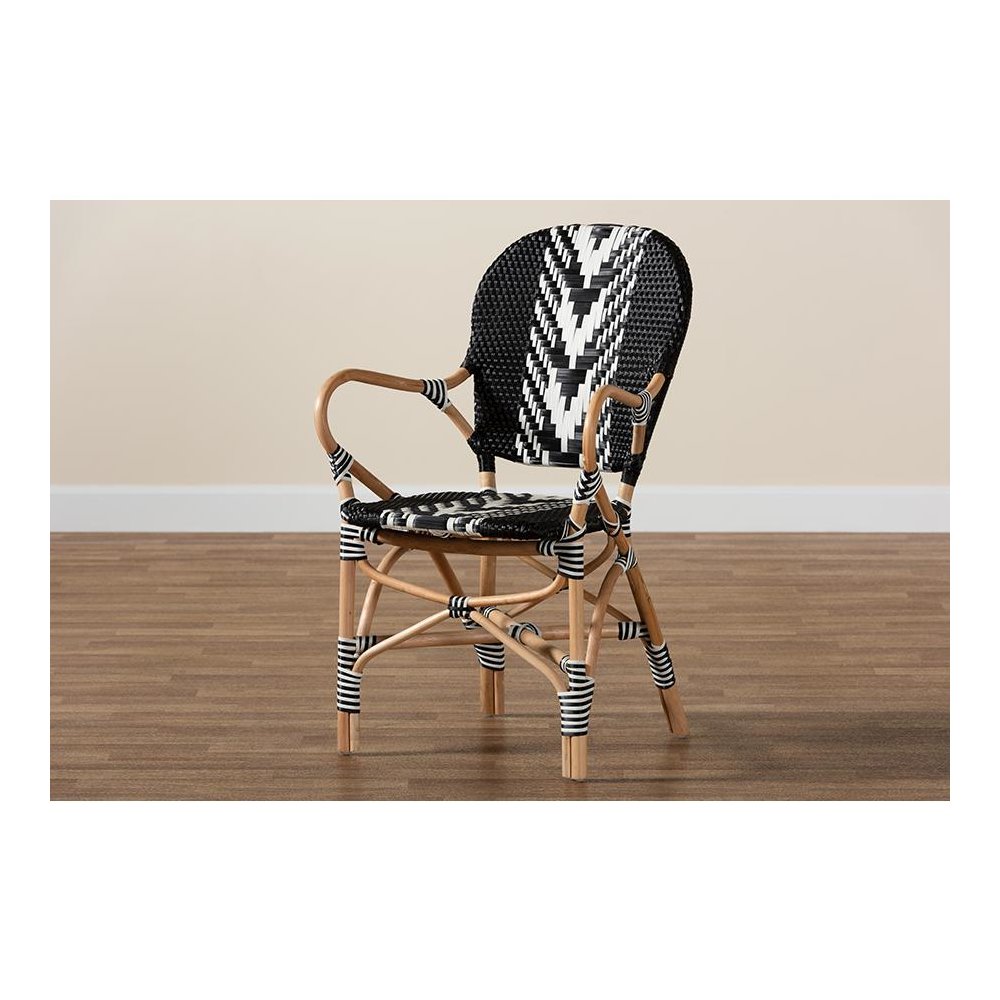 French Two-Tone Black and White Weaving and Natural Rattan Indoor Dining Chair. Picture 9