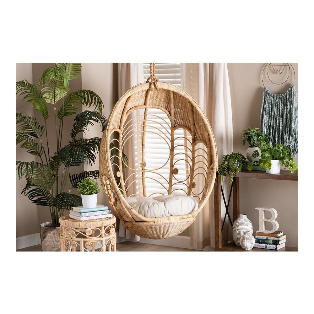 bali & pari Umika Modern Bohemian Natural Brown Rattan Hanging Chair. Picture 7