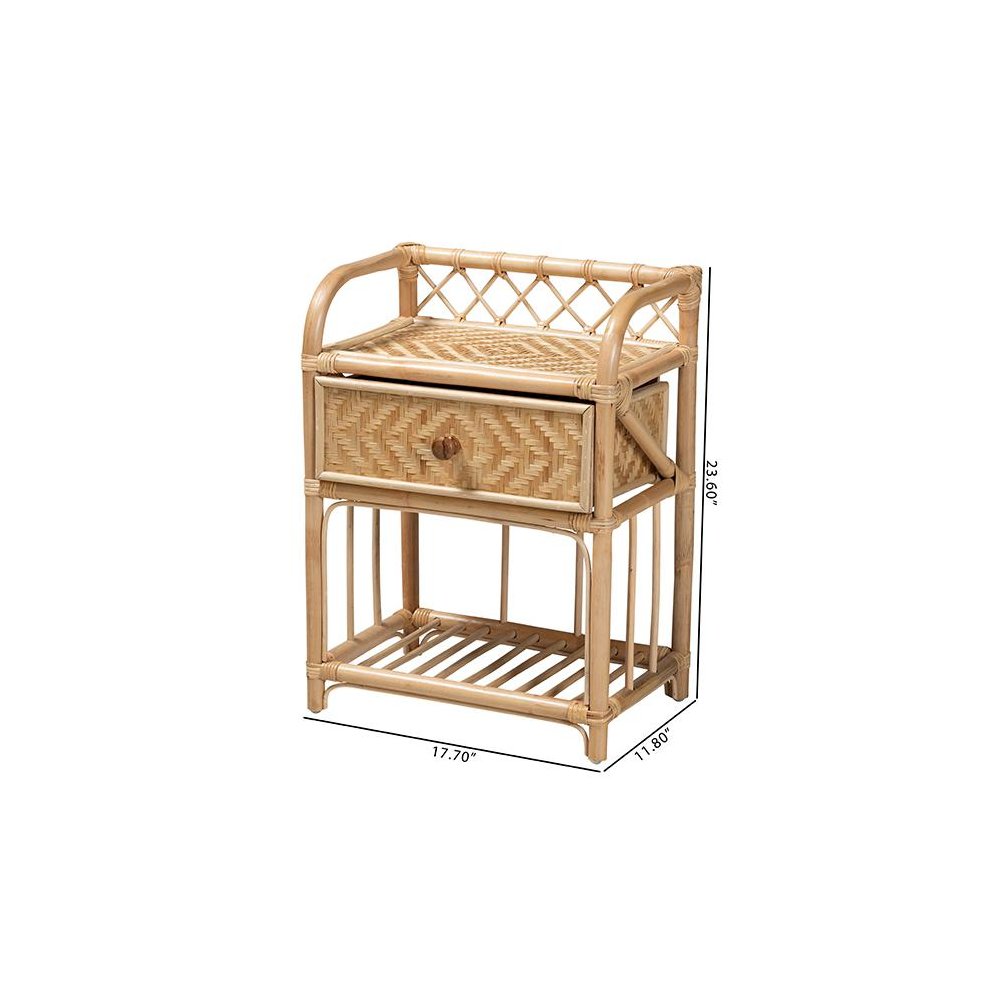 bali & pari Kobie Modern Bohemian Natural Brown Rattan 1-Drawer Nightstand. Picture 10