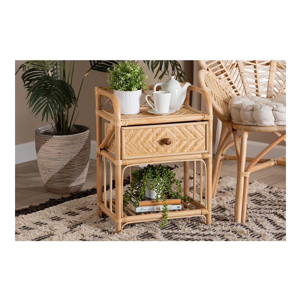 bali & pari Kobie Modern Bohemian Natural Brown Rattan 1-Drawer Nightstand. Picture 8