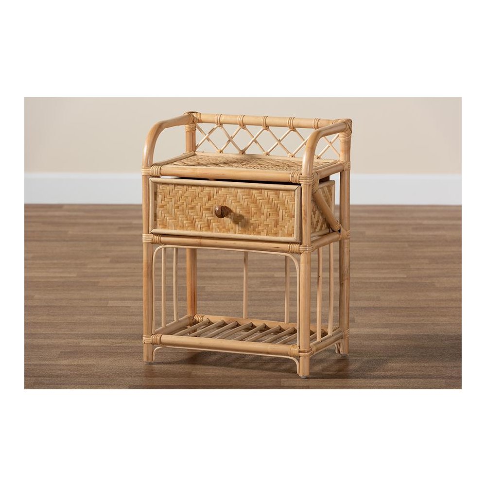 bali & pari Kobie Modern Bohemian Natural Brown Rattan 1-Drawer Nightstand. Picture 9