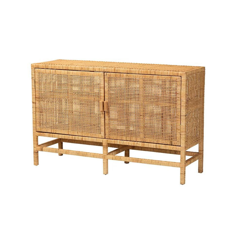 Bohemian Natural Brown Rattan and Mahogany Wood Storage Cabinet. Picture 1