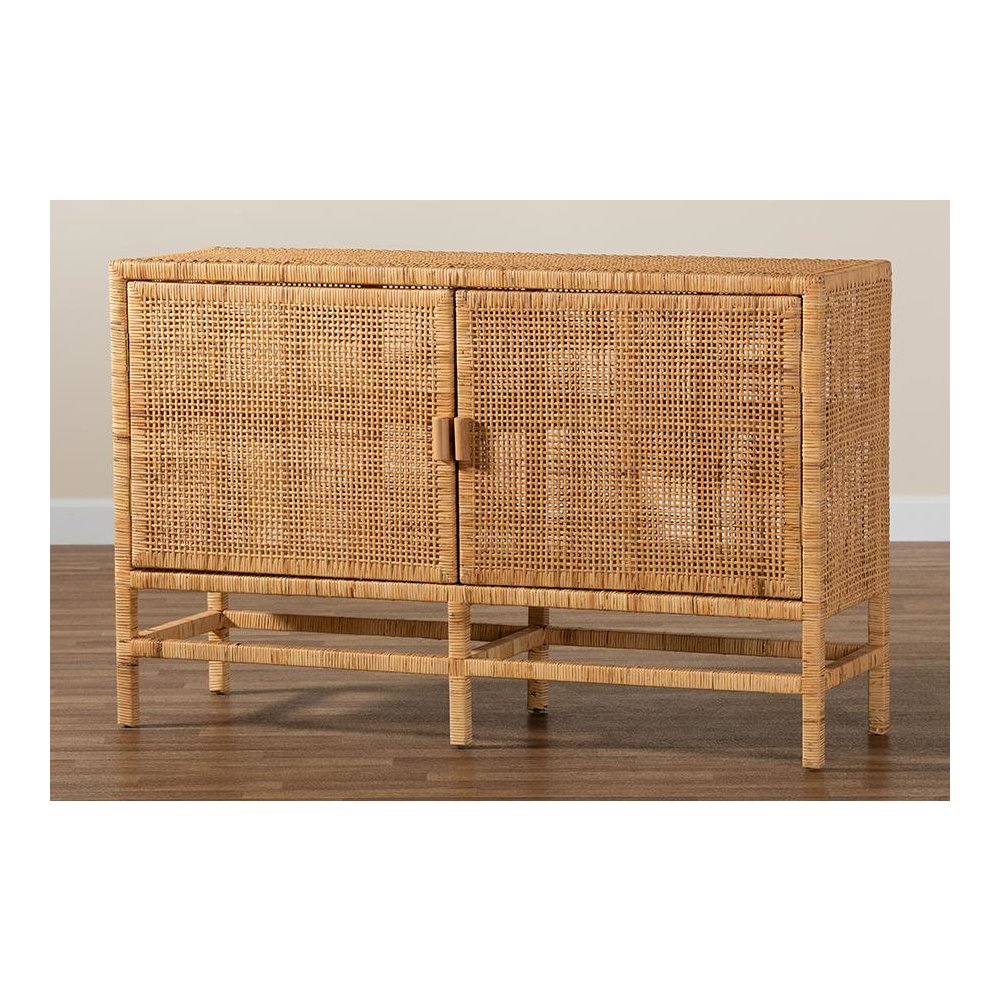 Bohemian Natural Brown Rattan and Mahogany Wood Storage Cabinet. Picture 10
