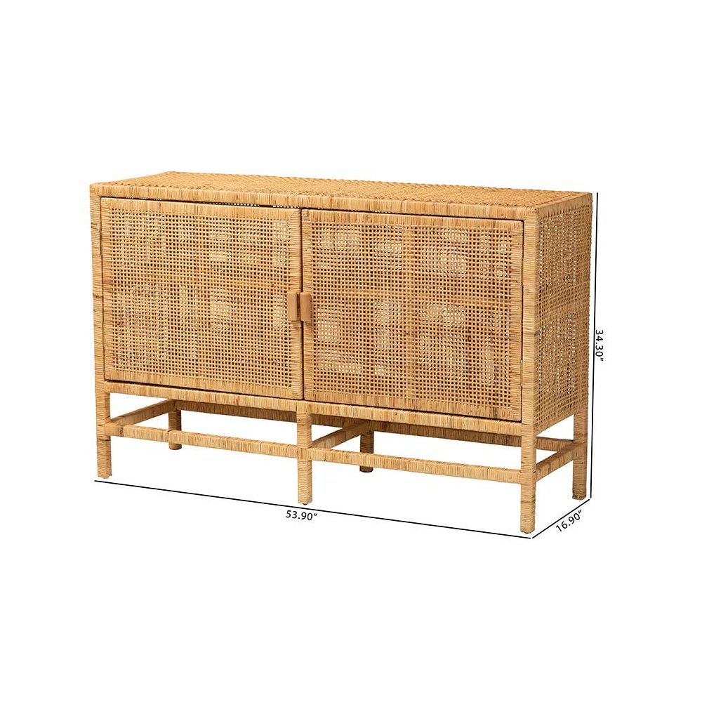 Bohemian Natural Brown Rattan and Mahogany Wood Storage Cabinet. Picture 11