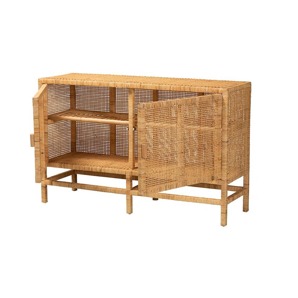 Bohemian Natural Brown Rattan and Mahogany Wood Storage Cabinet. Picture 2