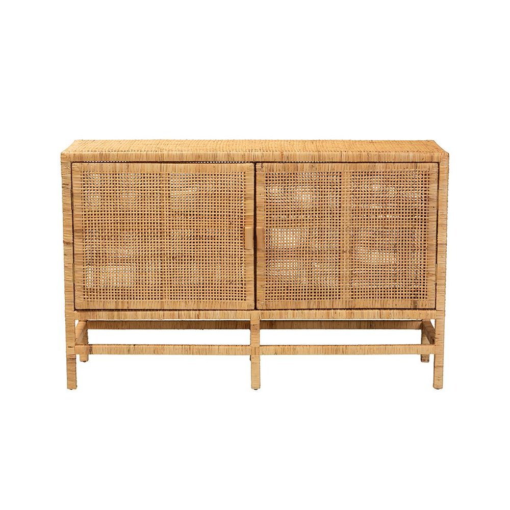 Bohemian Natural Brown Rattan and Mahogany Wood Storage Cabinet. Picture 3