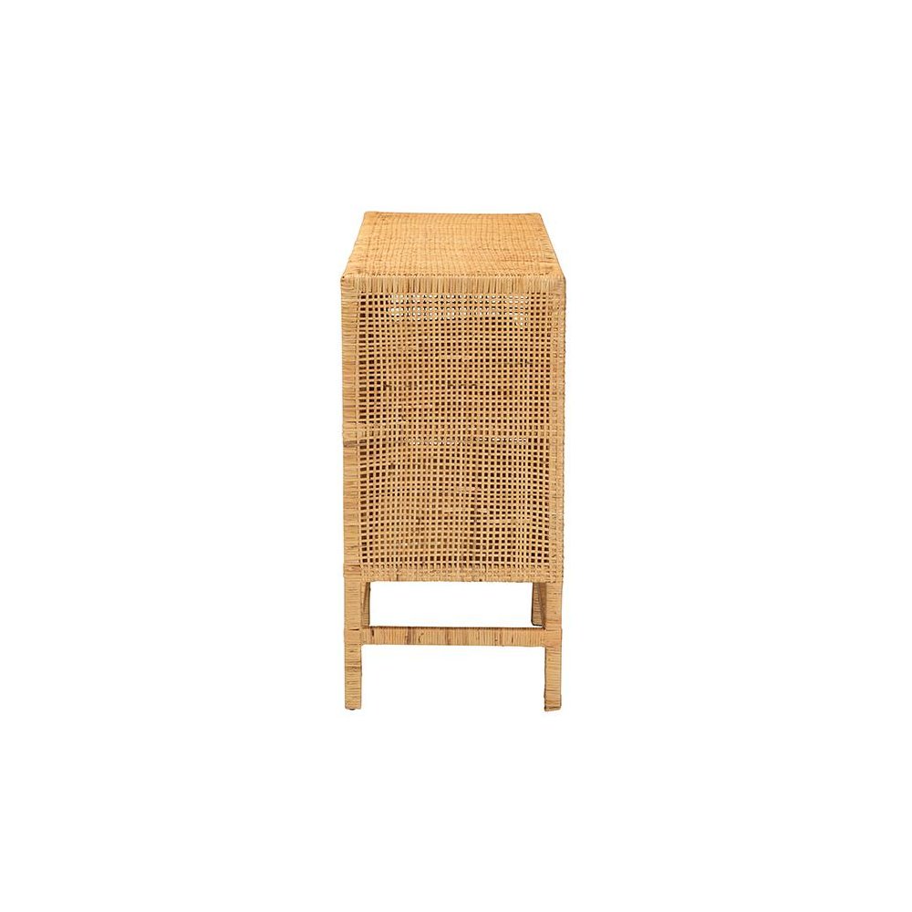 Bohemian Natural Brown Rattan and Mahogany Wood Storage Cabinet. Picture 4