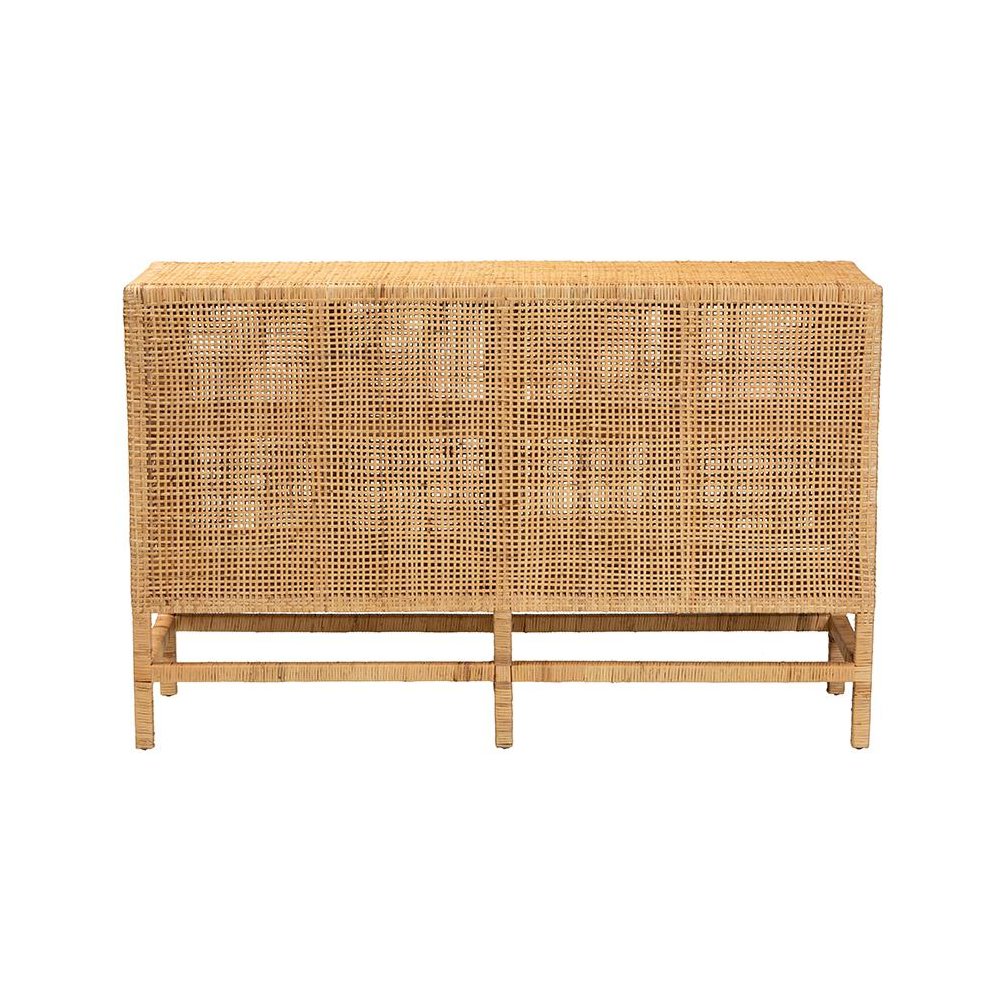 Bohemian Natural Brown Rattan and Mahogany Wood Storage Cabinet. Picture 5