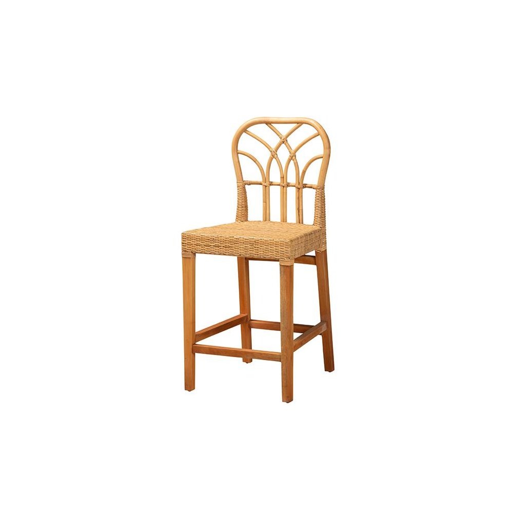 Monaco Modern Bohemian Natural Rattan and Mahogany Wood Counter Stool. Picture 1
