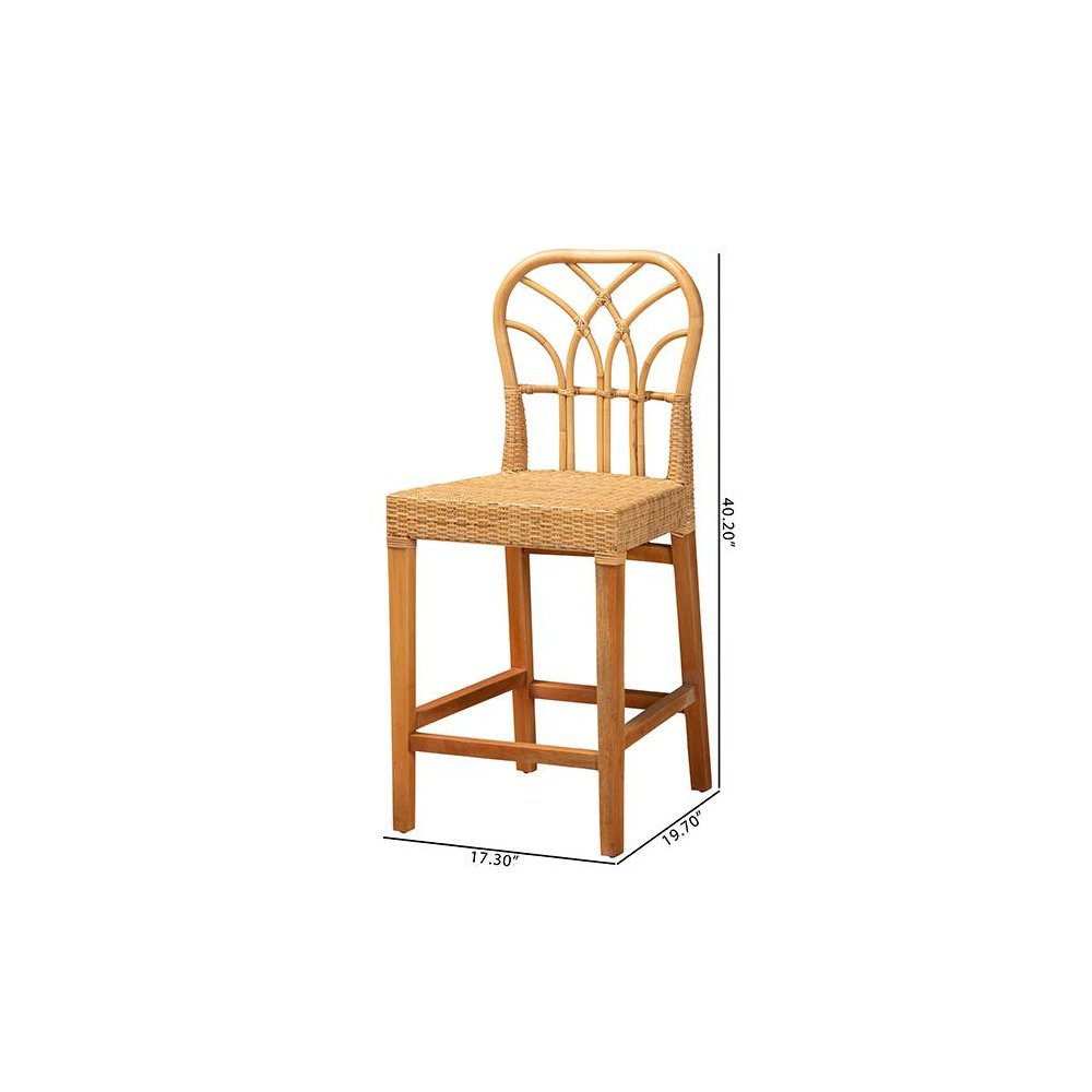 Monaco Modern Bohemian Natural Rattan and Mahogany Wood Counter Stool. Picture 10