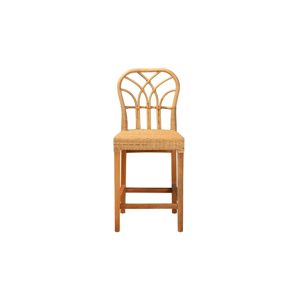 Monaco Modern Bohemian Natural Rattan and Mahogany Wood Counter Stool. Picture 2