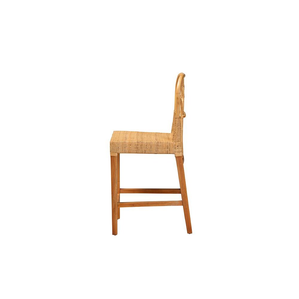 Monaco Modern Bohemian Natural Rattan and Mahogany Wood Counter Stool. Picture 3