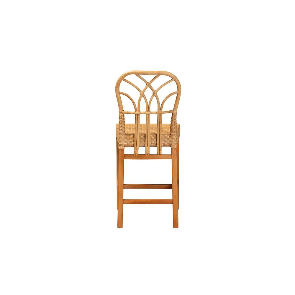 Monaco Modern Bohemian Natural Rattan and Mahogany Wood Counter Stool. Picture 4