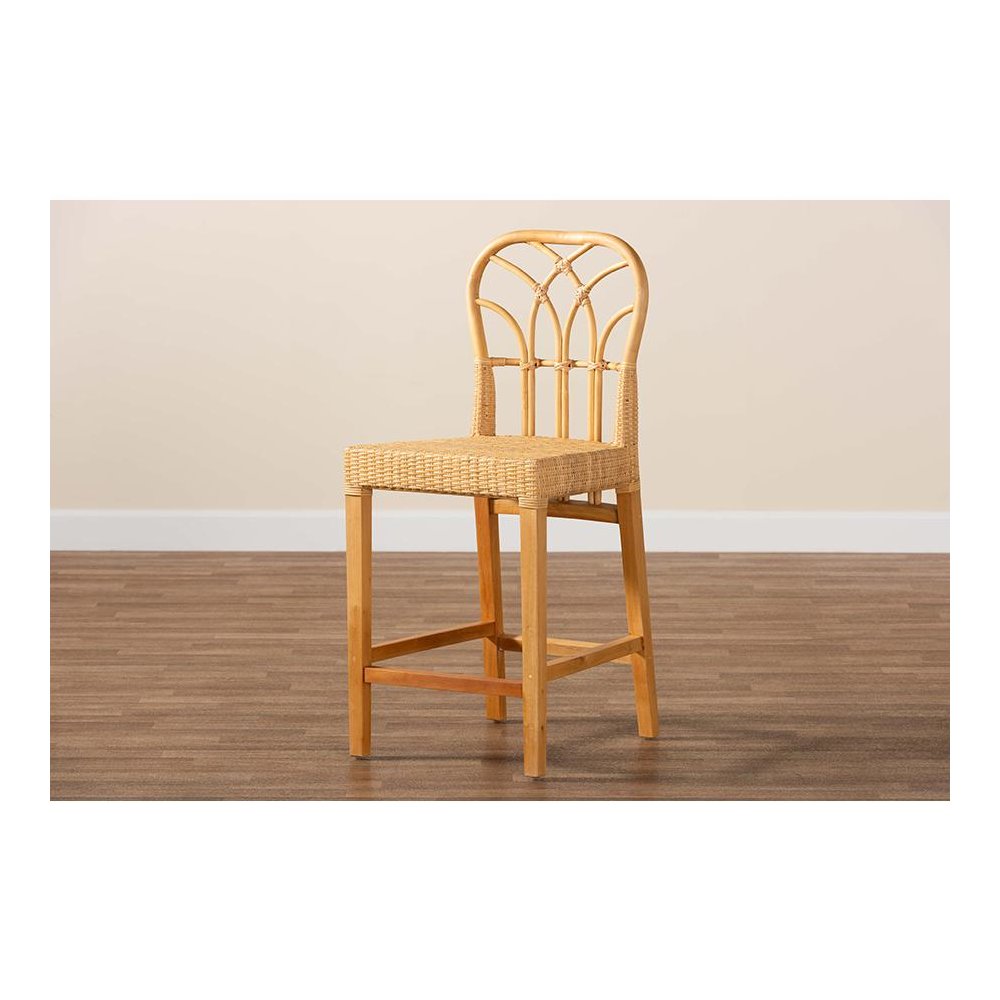 Monaco Modern Bohemian Natural Rattan and Mahogany Wood Counter Stool. Picture 9