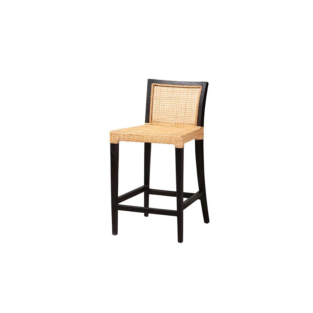 Bohemian Dark Brown Mahogany Wood and Natural Rattan Counter Stool. Picture 1