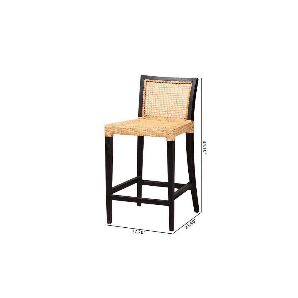Bohemian Dark Brown Mahogany Wood and Natural Rattan Counter Stool. Picture 10