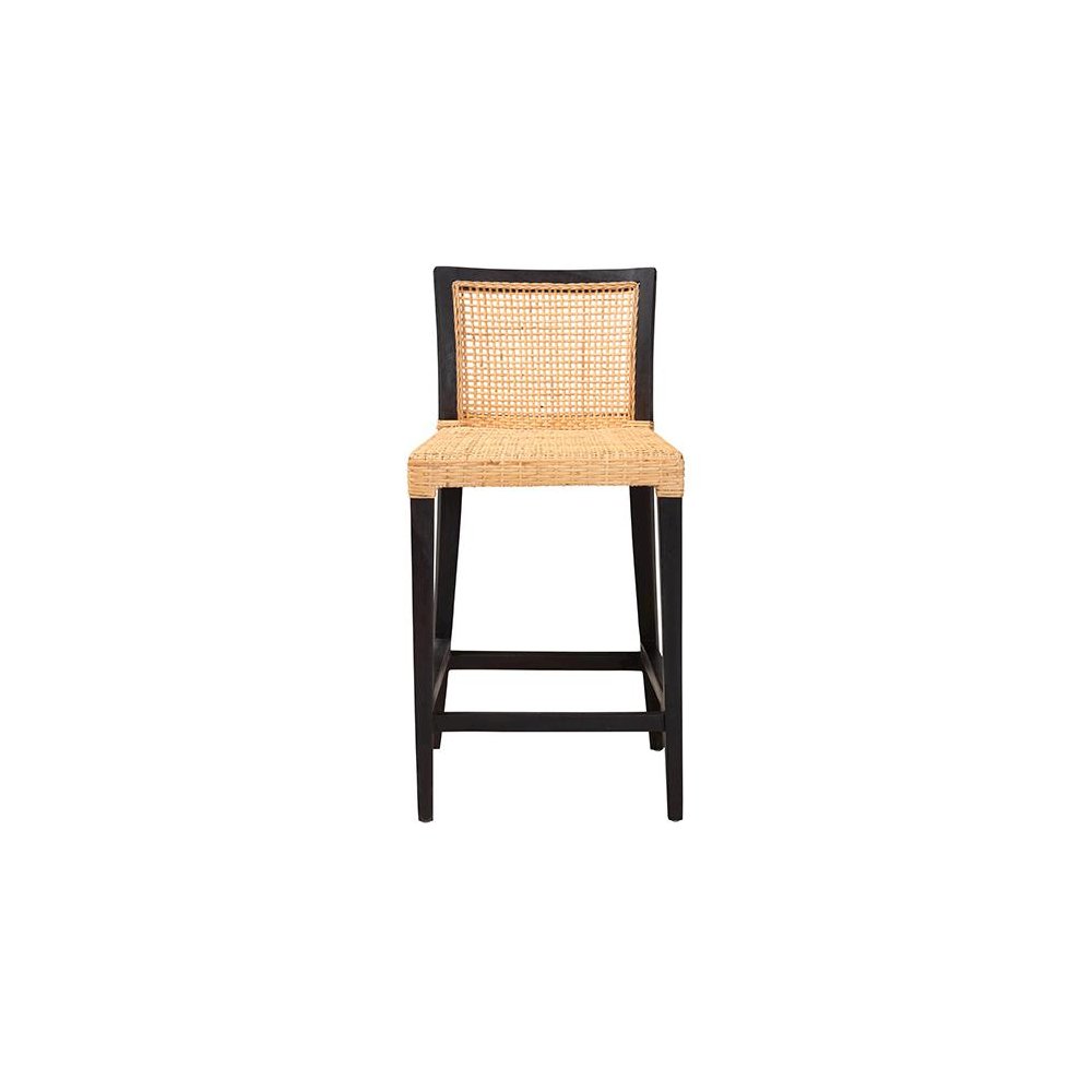 Bohemian Dark Brown Mahogany Wood and Natural Rattan Counter Stool. Picture 2