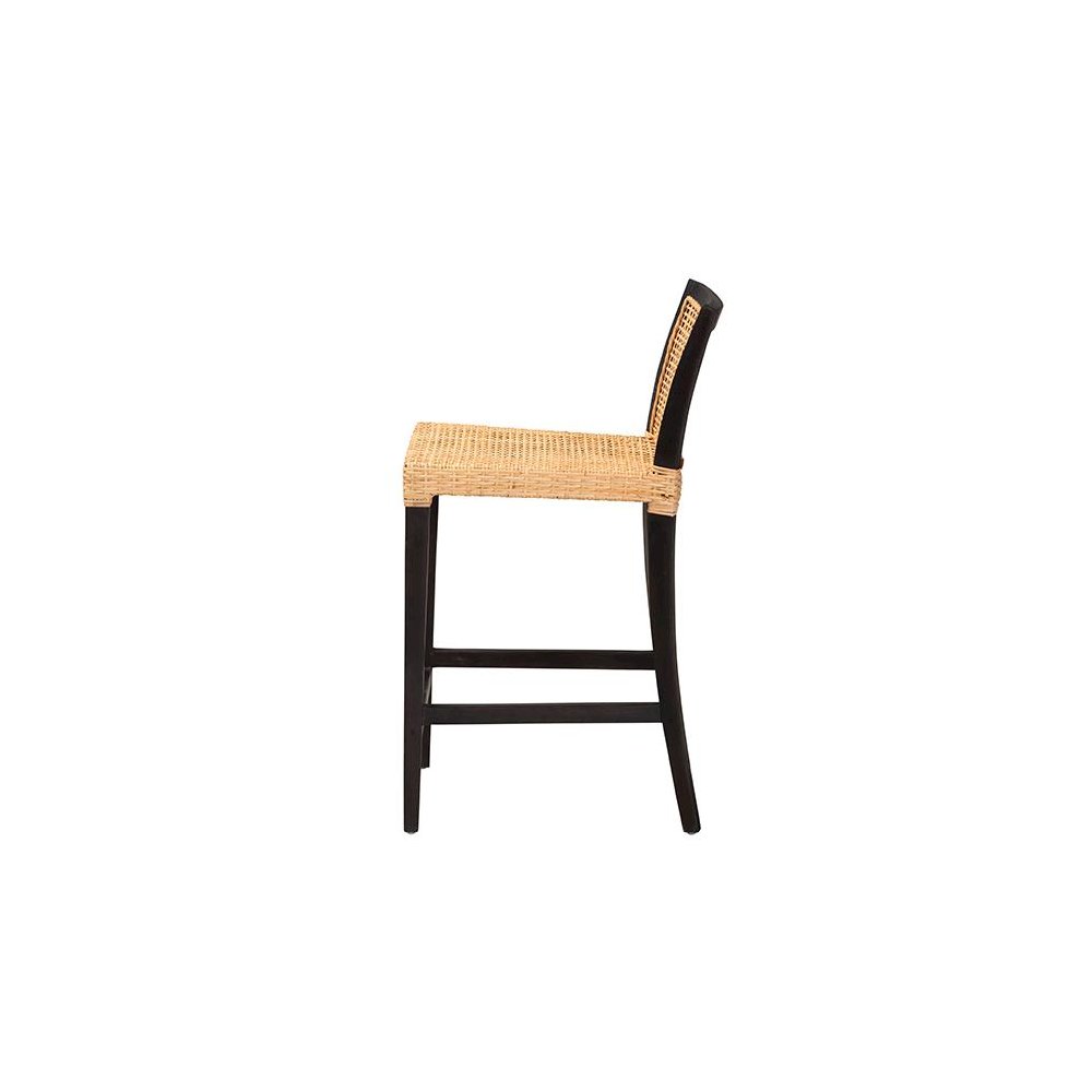 Bohemian Dark Brown Mahogany Wood and Natural Rattan Counter Stool. Picture 3