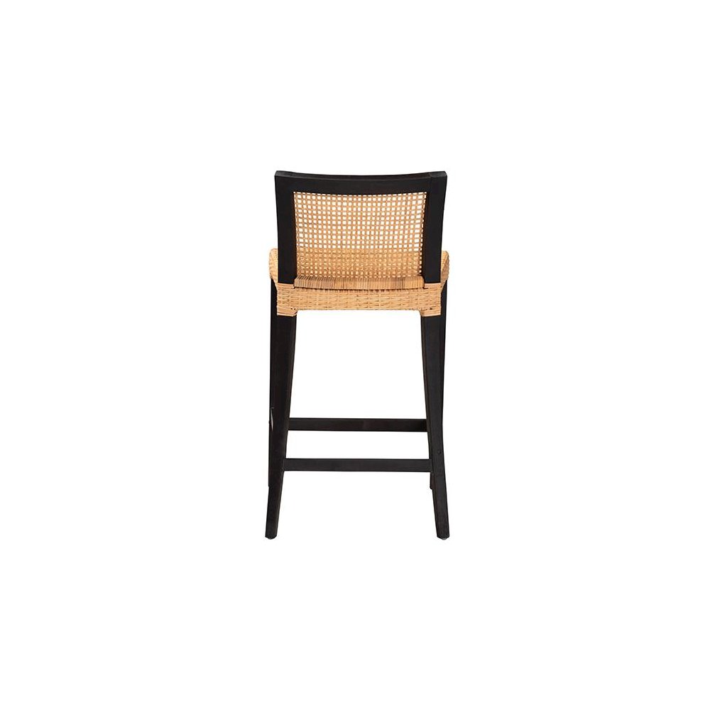 Bohemian Dark Brown Mahogany Wood and Natural Rattan Counter Stool. Picture 4