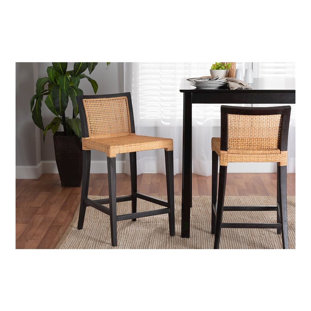 Bohemian Dark Brown Mahogany Wood and Natural Rattan Counter Stool. Picture 8